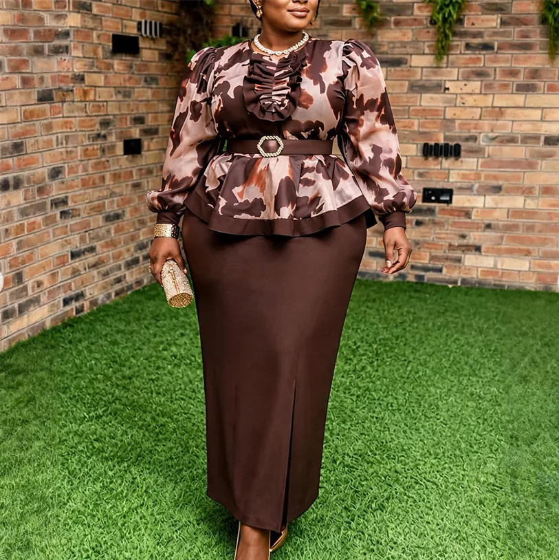African Dresses for Woman Ruffle O Ncek Puff 3/4 Sleeve Peplum Belt Split Vintage Church Formal Party Event Wedding Guest Gown