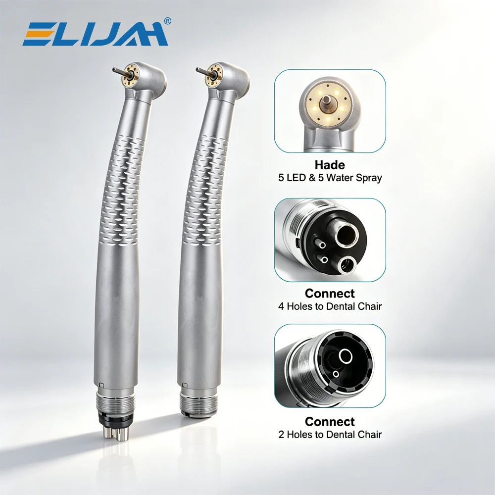 ELIJAH Pièce à main dentaire haute vitesse sans ombre à 2/4 trous avec 5 lumières LED, 5 jets d'eau, turbine à air et bouton poussoir – Outils dentaires