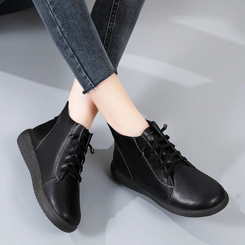 Women Female Mother Ladies Genuine Leather Boots Shoes Platform Lace Up Ankle Autumn Non Slip Soft British Style