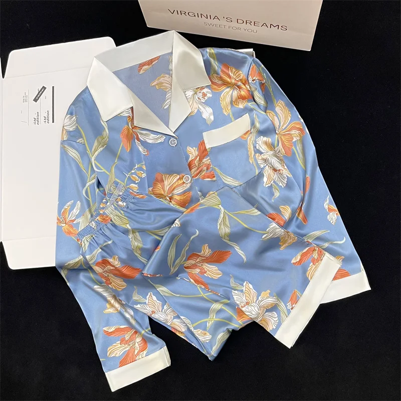 2023 Autumn New Lapel Long Sleeve 2 Pieces Pajamas for Women Ice Silk Soft Sleepwear Women Elegance Printing Flower Sleepwear