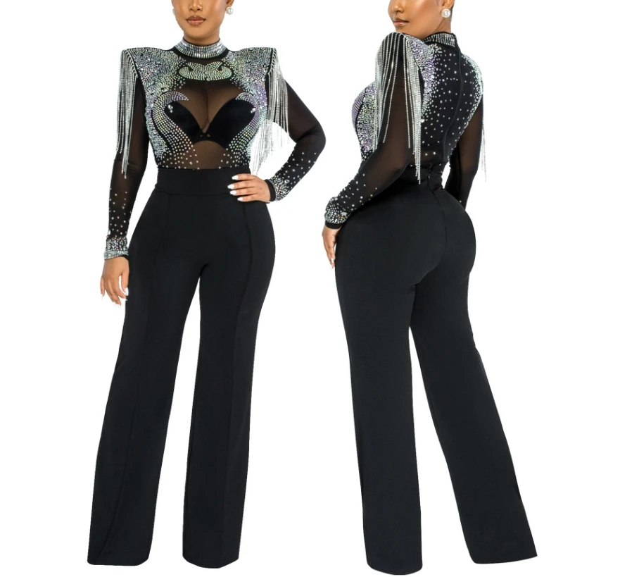 

Women's Jumpsuit Sexy Party Club Wear Solid Color Mock Neck Long Sleeve Sheer Mesh Rhinestone Tassels Design Skinny Jumpsuit