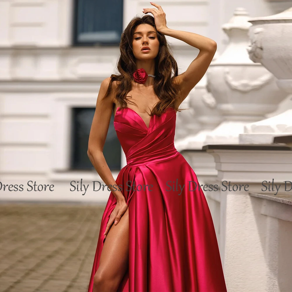 Fuchsia Evening Gowns For Women Satin A-line 2024 Elegant Party Gown Sweetheart Side Split Ruched Valentine's Day Dress Long