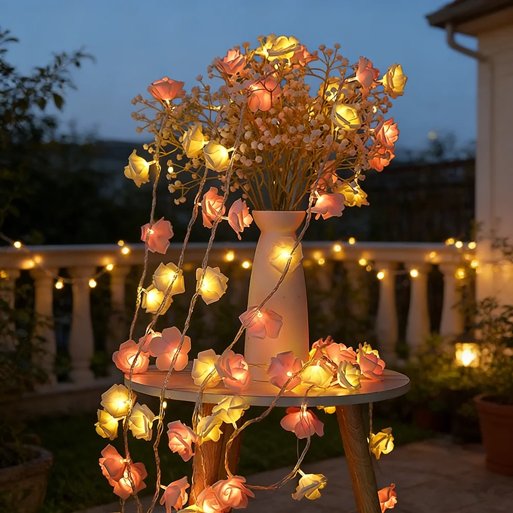 Festoon Rose Flower Fairy String Light Battery 20LEDs Garland Lights Wedding for Party Mother's Day Home Bedroom Decoration