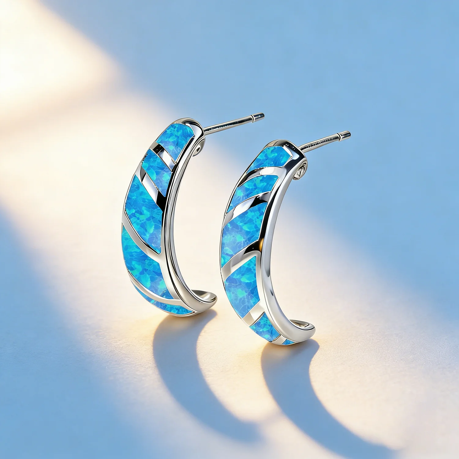 Blue and White Opal Earrings for Women, Hoop Earrings, Unique Blue Opal Boho Chic Dangle Earrings, Fashion Jewelry Gifts for Her