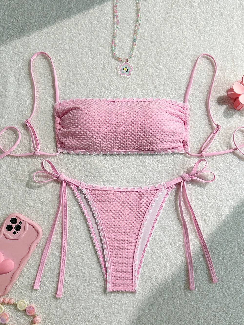 Pink String Bikini Scalloped Border Y2K Bandeau Swimsuit Women Backless Lace-up Swimwears Embossed Vacation Outfits Bathing Suit