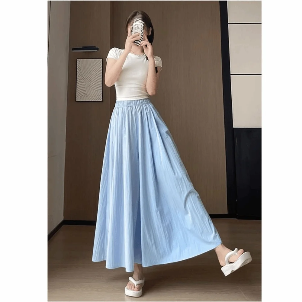 High Waist Palazzo Pants Breathable Lightweight Skirt Pants Solid Color Stretchy A-Line Wide Leg Trousers Harajuku Style