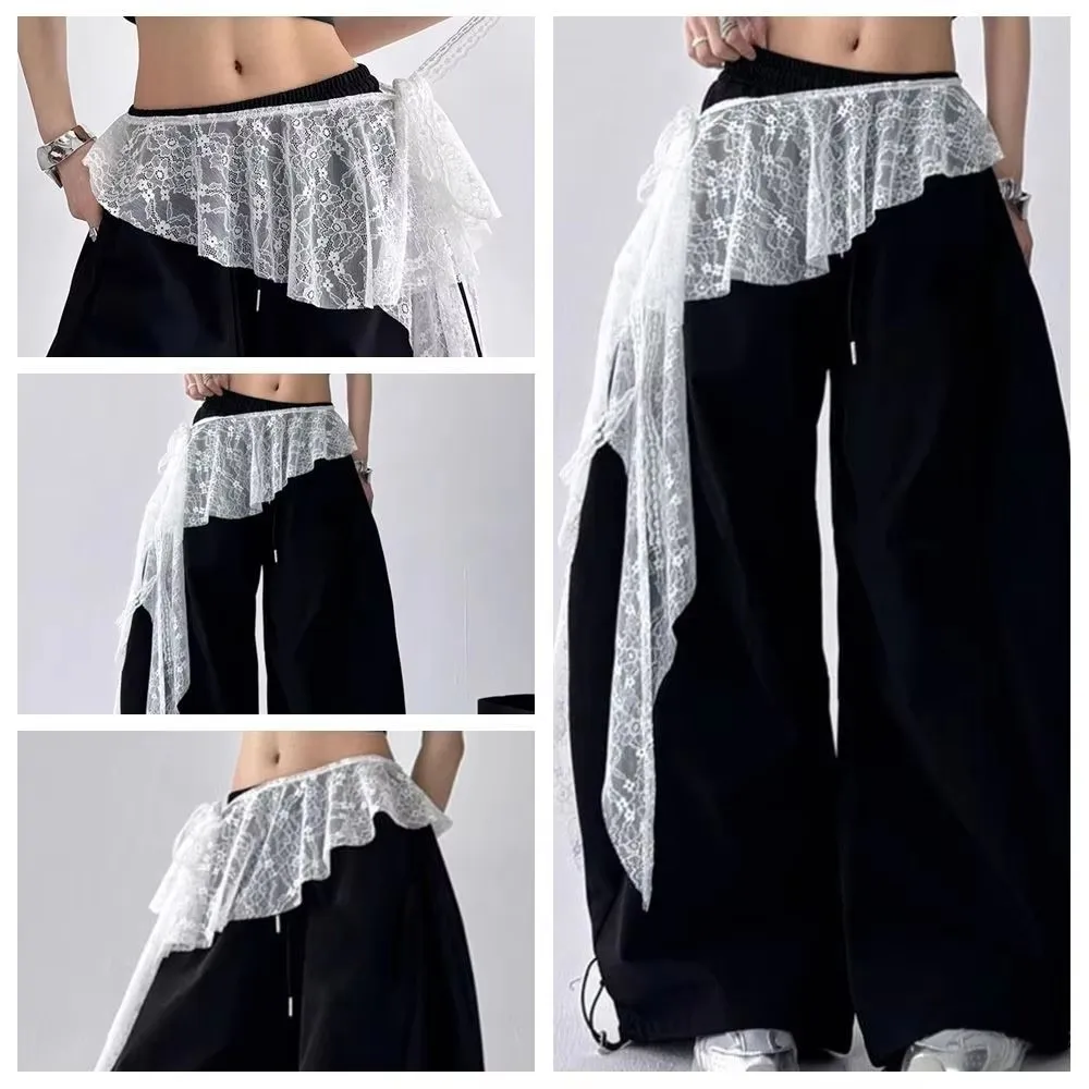 High Waist Embroidered Flower Lace Mini Skirt with Belt Irregular See-through Ruched Design Harajuku Style Pleated Jeans Decor