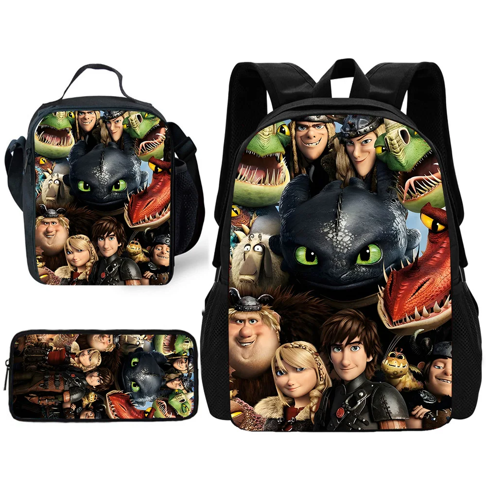 3 pcs set Cute anime Toothless Child School Backpack with Lunch Bags ,Pencil Bags ,School Bags for Boys Girls Best Gift