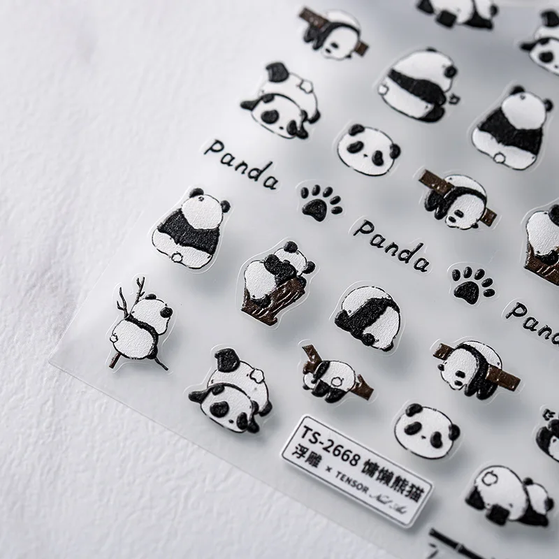 Lovely Cartoon Chinese Panda Black Purple 5D Soft Embossed Relief Self Adhesive Nail Art Sticker Green Bamboo 3D Manicure Decals