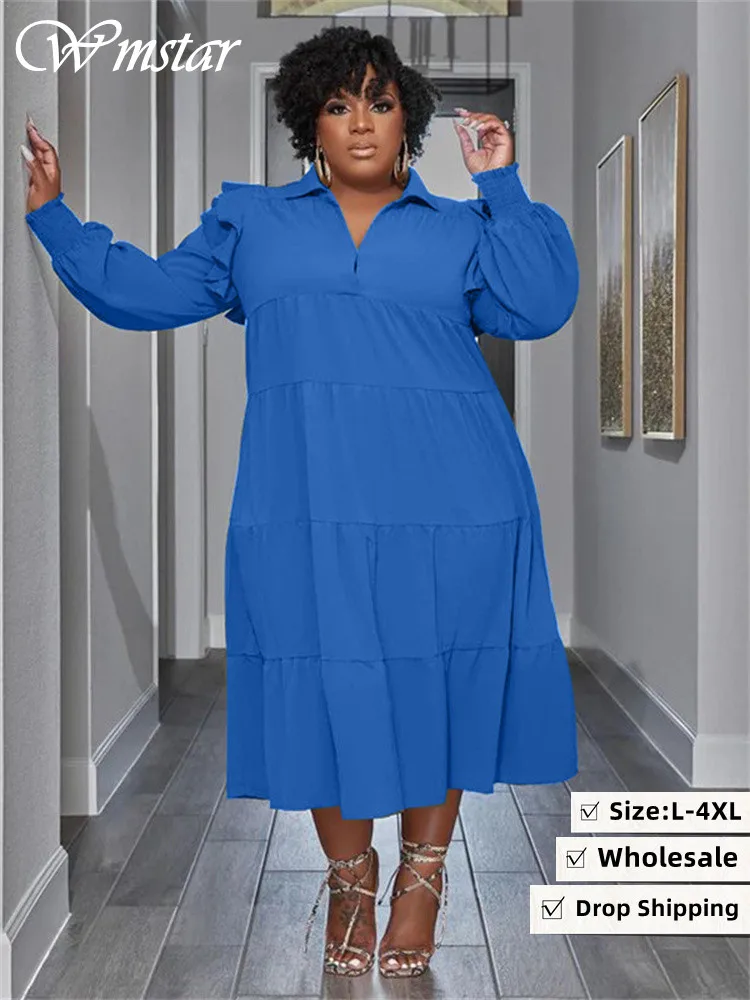 Wmstar-Vestido largo de manga larga para mujer, ropa de talla grande, pétalos, suelto, sólido, elegante, venta al por mayor, envío directo