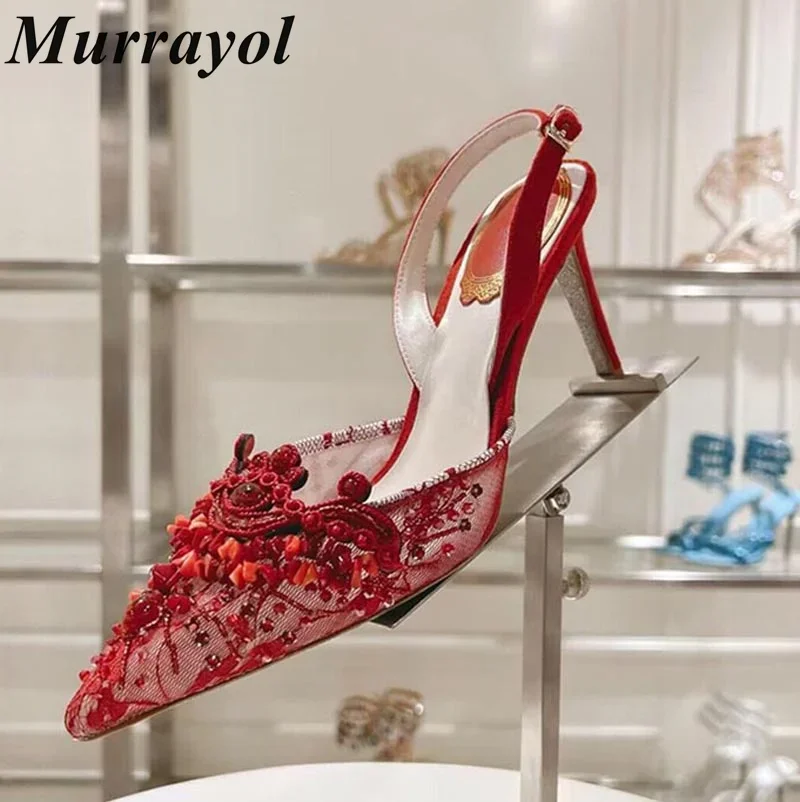 Pointed Toe Lace Gauze Thin High Heels Sandals Women Shine Rhinestone Decor Sandalias Summer Party Dress Wedding Shoes Pumps