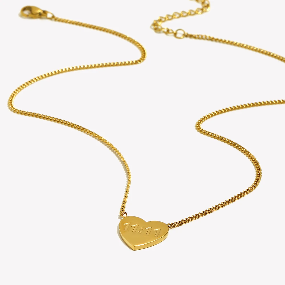 E.B.belle Waterproof New Stainless Steel 18K Gold Plated Jewelry 11:11 Lucky Angel Number Heart Shape Necklace For Women