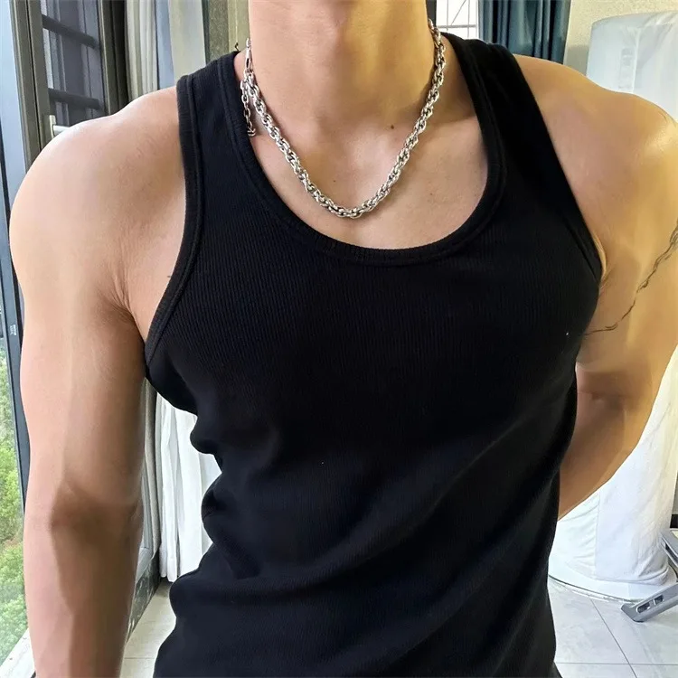 American Style Heavyweight Ribbed Men's Tank Top White Base T-Shirt Sleeveless Shoulder Pad Tight Elastic Fitness Sport Vest