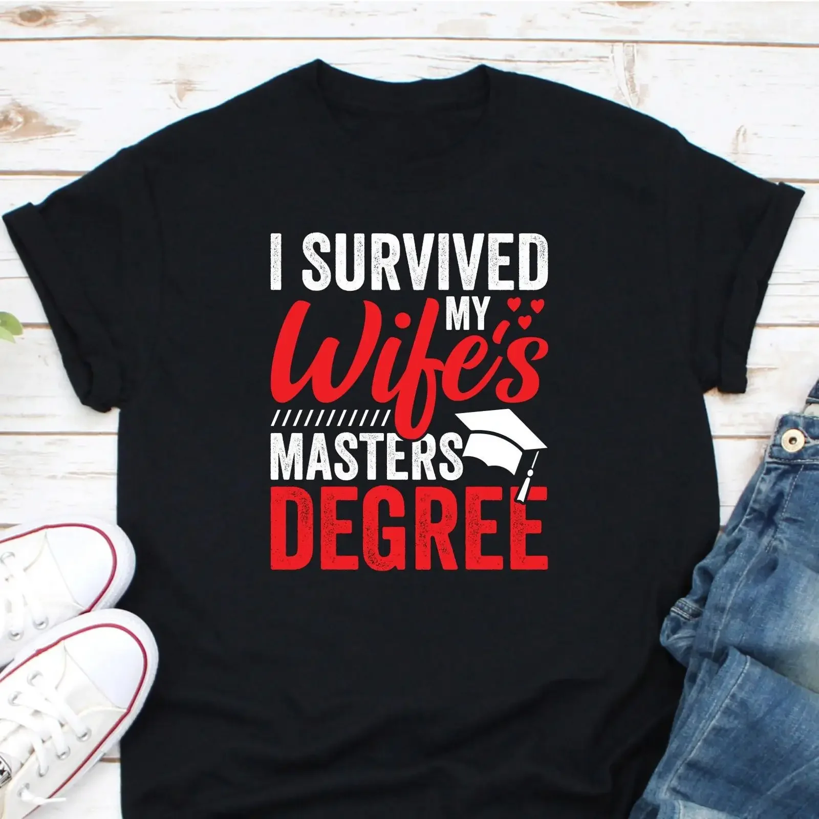 I Survived My Wife's Masters Degree T Shirt Funny Master Graduation for Husband Partner of Graduate Wife Casual vintage Washed