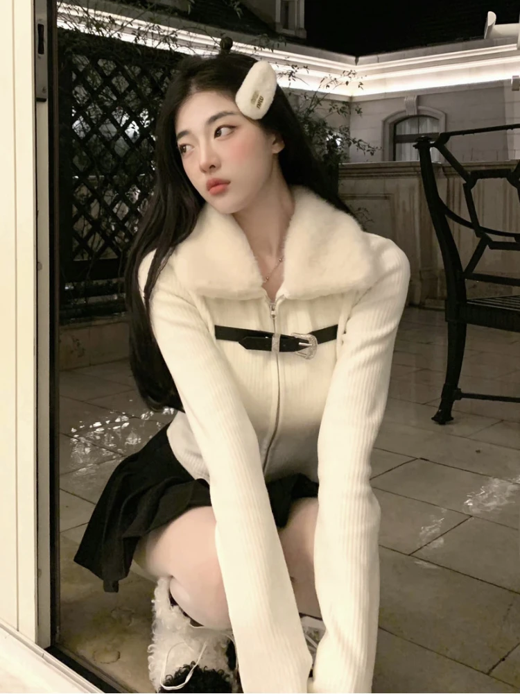 Korean Fashion Fluffy Patchwork Cropped Cardigan Turn Down Collar Long Sleeve Knitted Slim Y2k Aesthetic Zipper Sweater