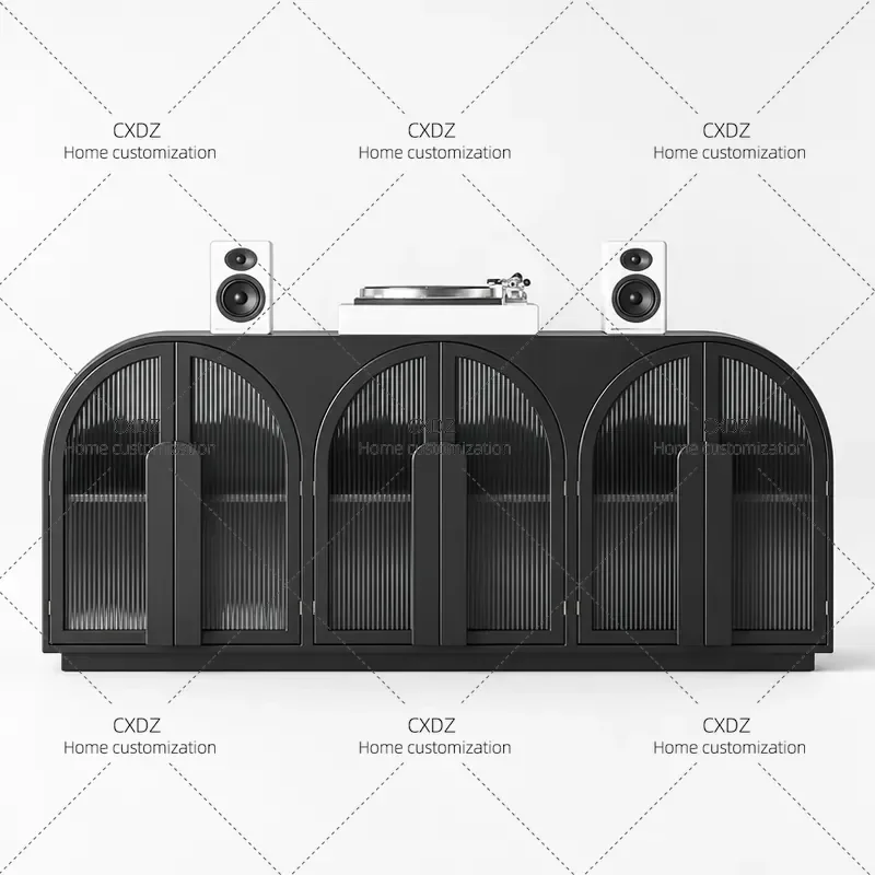 American Retro Solid Wood TV Cabinet French Medieval Style Wall Mounted Changhong Glass Arch Floor Storage Cabinet Black