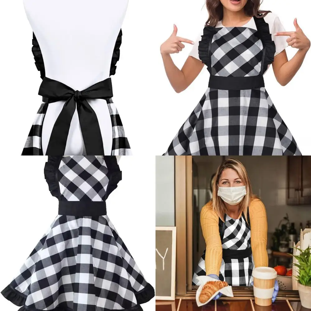 

Elegant Black Plaid Vintage Apron with Ruffles for Women - Perfect for Christmas, Retro, French Maid, Halloween & Mother's Day