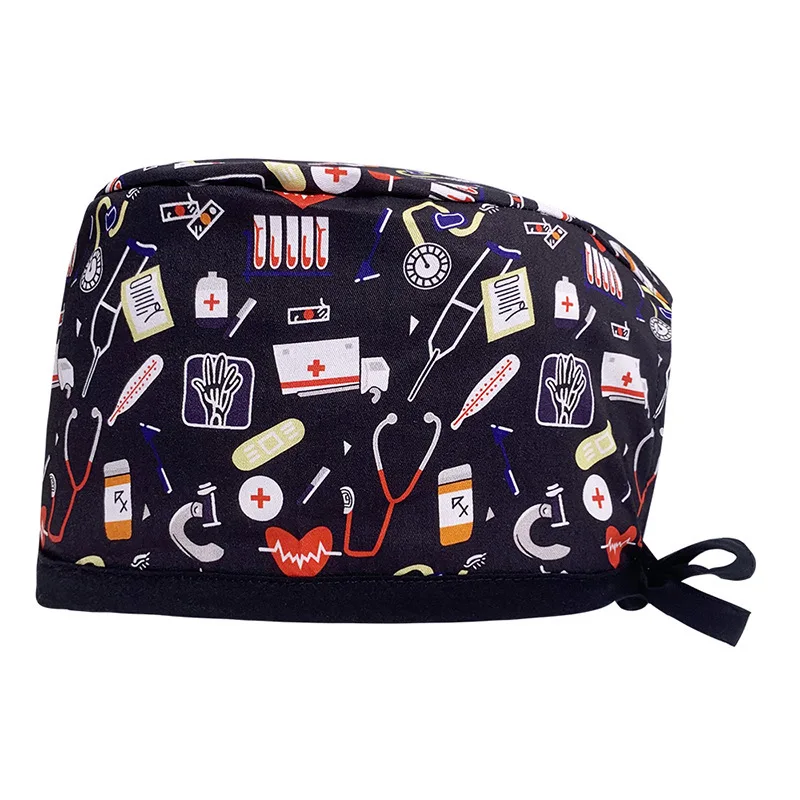 Doctor Operating Room Pattern Printed with Buttons Nursing Head Cap Lab Scrub Pet Hospital Surgical Hat Unisex Dentist Scrub Cap