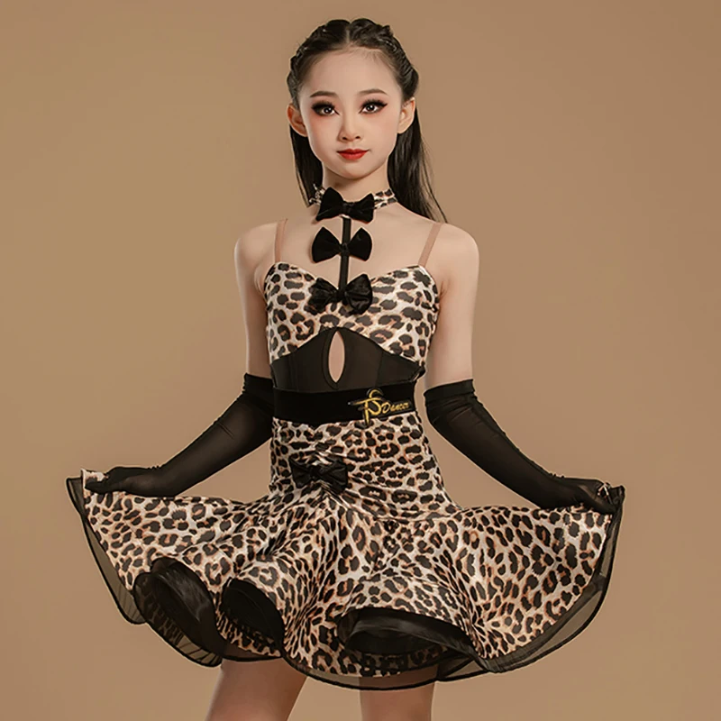 

Adult Children Lycra Sleeveless Leopard Print Latin Dance Costumes Kids Girls Ballroom Competition Dancewear Mesh Dresses