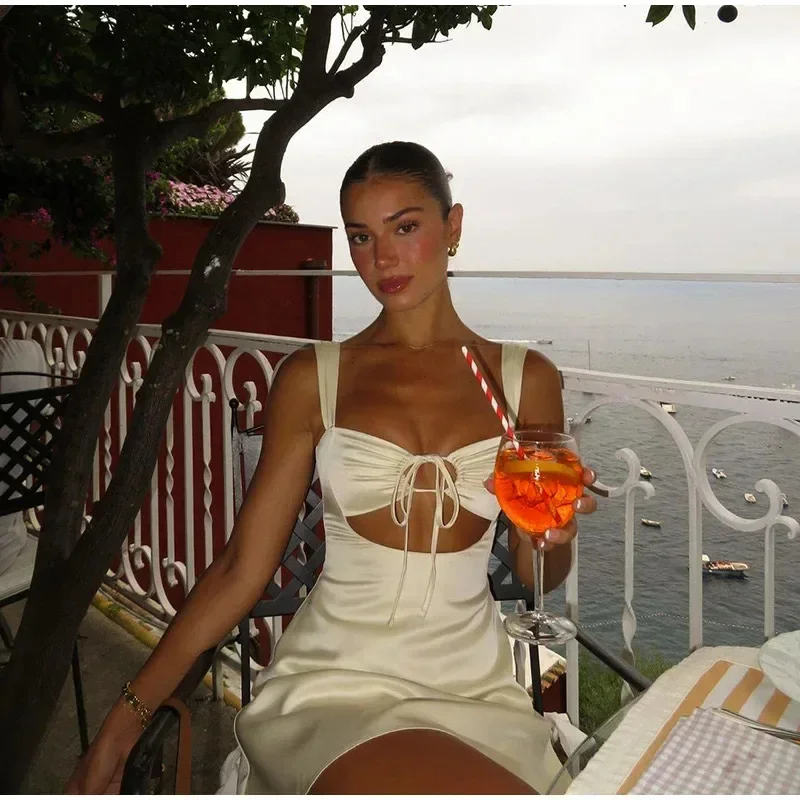 

Ladies' Silk And Satin Elegant Sexy Slim Beautiful Backless Short Dress Summer Sleeveless Square Neck Ruffles Tiered Mini Dresse