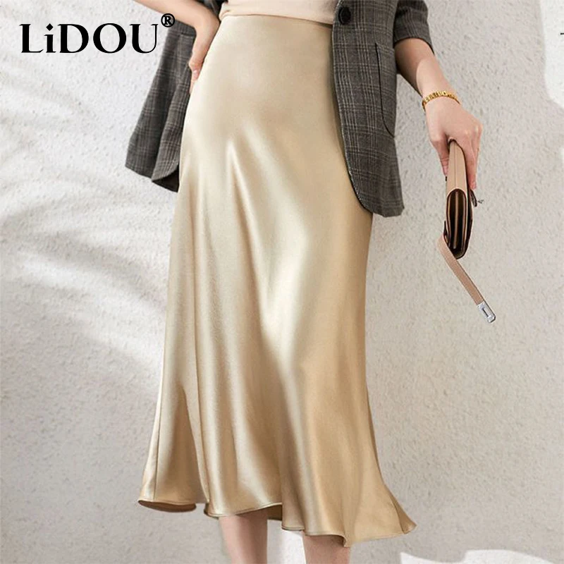 Spring Autumn High Waist Elegant Fashion Satin Skirt Office Lady Temperament Solid Simple All-match Folds Skirts Female Clothes