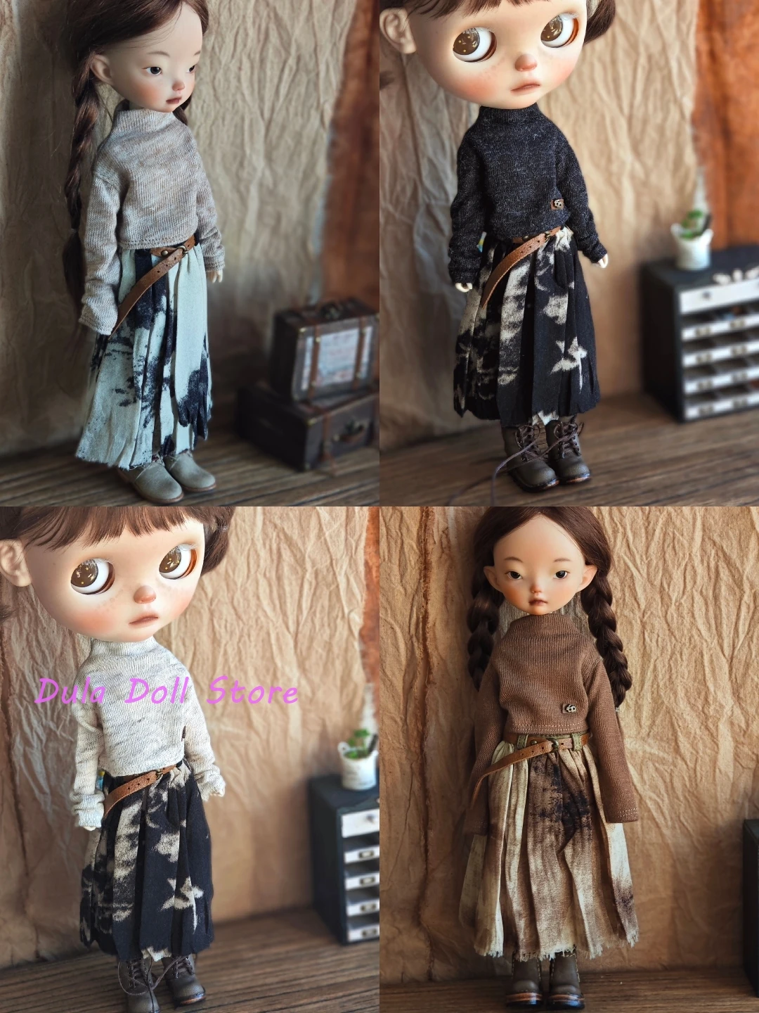 

Dula Doll Clothes Dress Vintage floral half length skirt sweater set for Blythe Landoudou Landazz ob24 ob22 1/6 body bjd doll