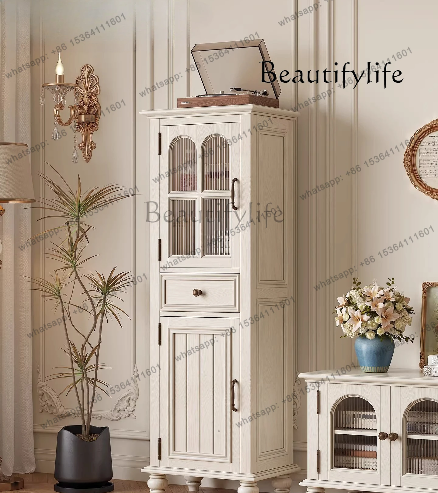 

French wine cabinet American living room ash wood storage locker household white solid wood double door display cabinet