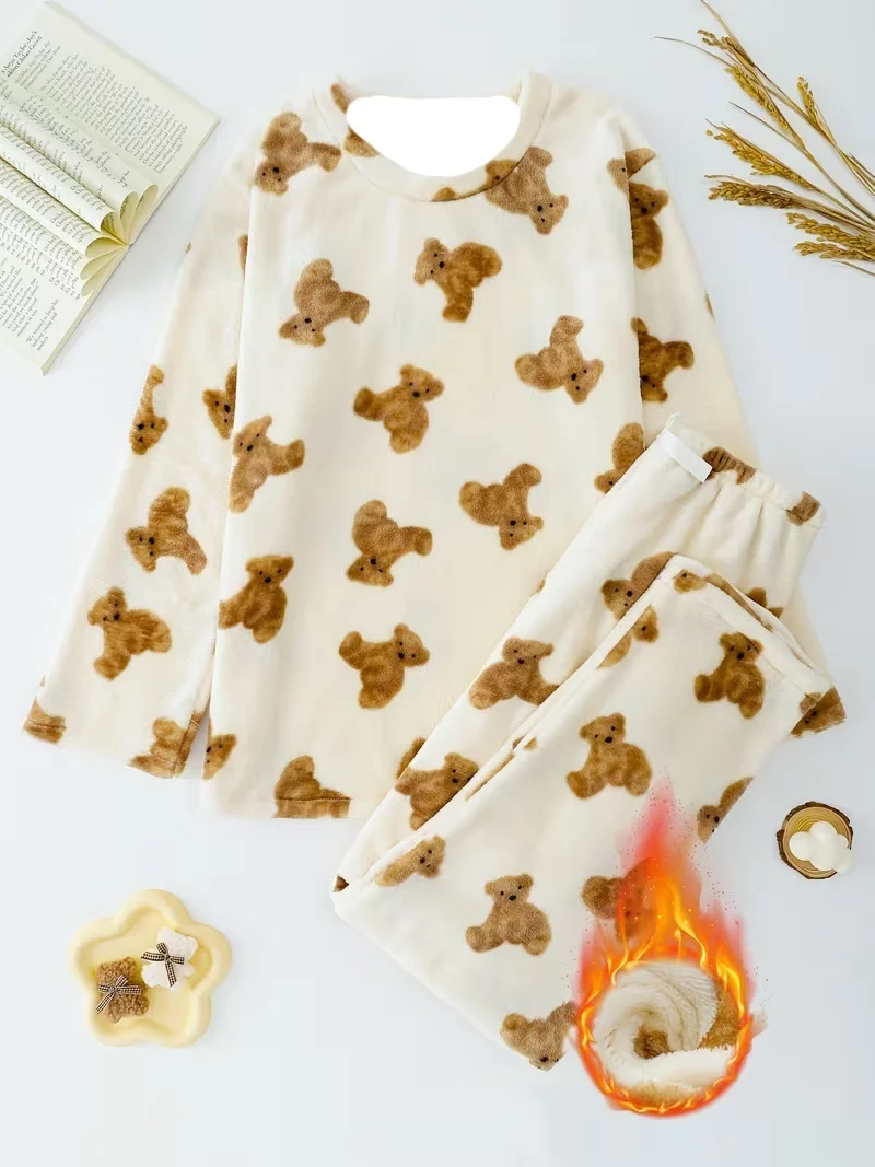 

Милая теплая одежда для взрослых и детей с рисунком медведя и лося, семейный наряд, осенне-зимний флисовый пижамный комплект