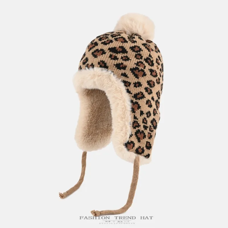 Neue Plüsch-Strickmütze mit Leopardenmuster für Herren und Damen, ideal für Herbst und Winter, verdickte Fahrradmütze mit Ohrenschutz, Bomber-Mütze – Detail 1