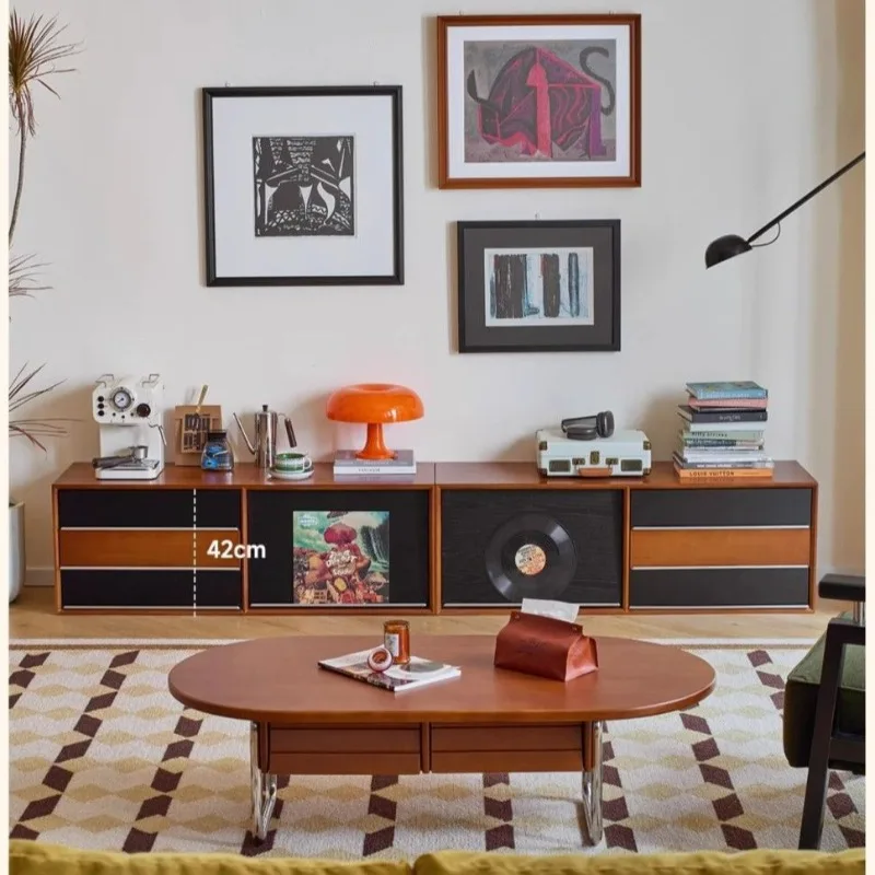 Floor TV cabinet Living room Home storage Locker Integrated medieval solid wood TV cabinet Module combination cabinet