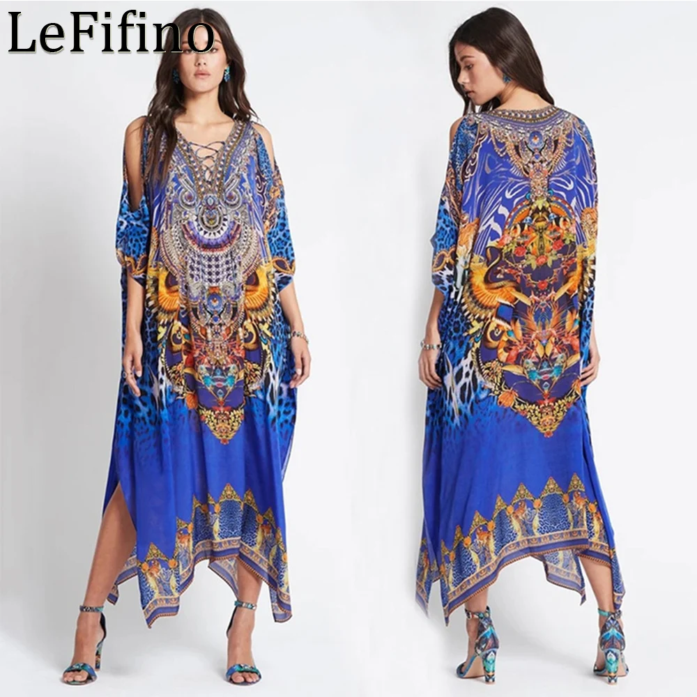 

Fashion Summer Loose Fit Positioning Printing Sapphire Blue Robe Drawstring Dresses Seaside Vacation Long Skirts Bikini Cover Up