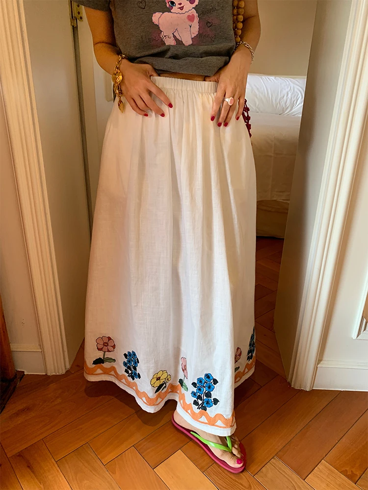 

Elegant Embroidered Floral Print High Waist Cotton Long Skirt Women's Summer Fashion Design A-Line Gown White Cotton Skirt