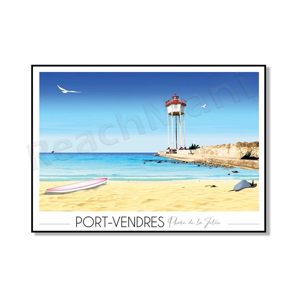 Le Canigou travel poster, Eastern Pyrenees, Port Vendre lighthouse, Mara beach, Catalonia, Banyuls-sur-Mer, France travel poster