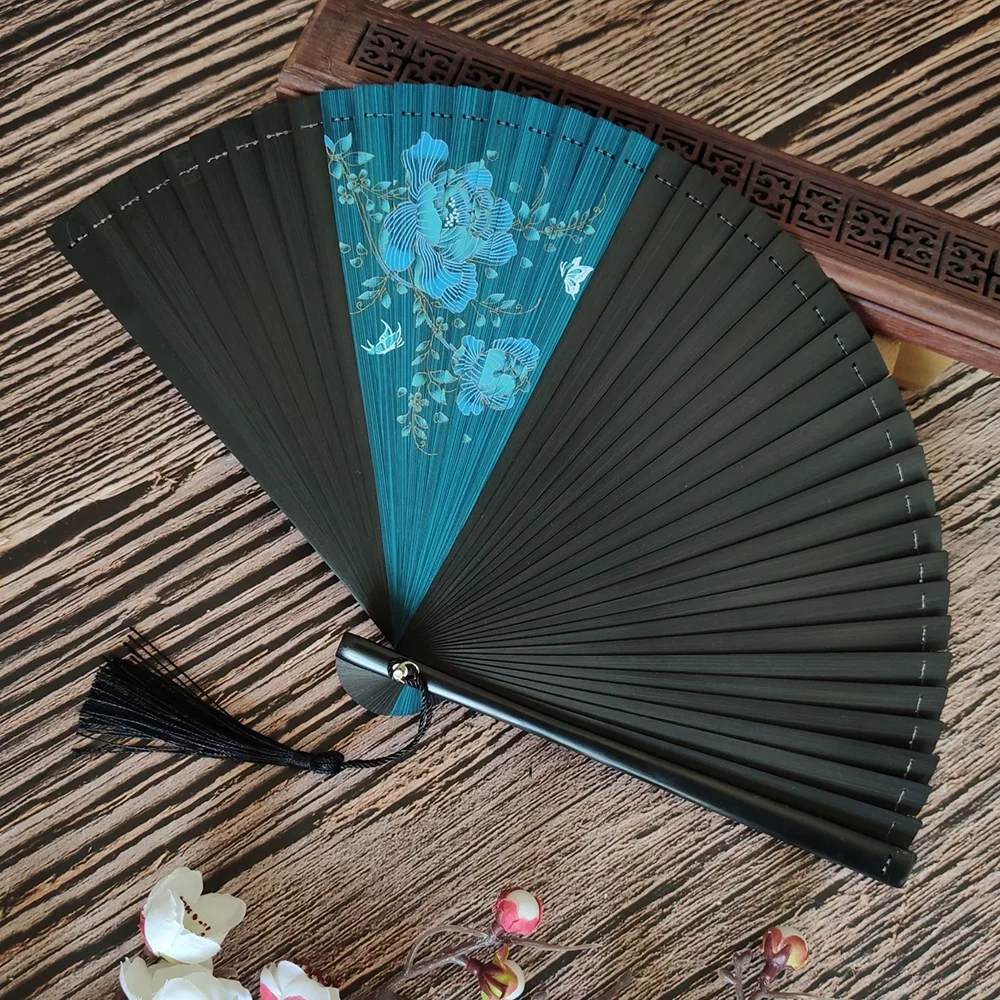 Folding Fan Chinese Hand Fans Classical Black Ancient Women Dance Fans Portable Handmade Fan Single-sided Print Bamboo Craft Fan