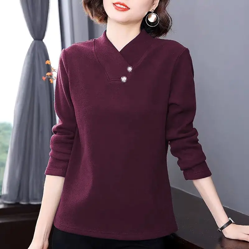 Women's Pullover V-Neck Solid Button Patchwork Bottom 2023 Autumn and Winter Fashion Long Sleeve Slim Office Lady T-shirt Tops