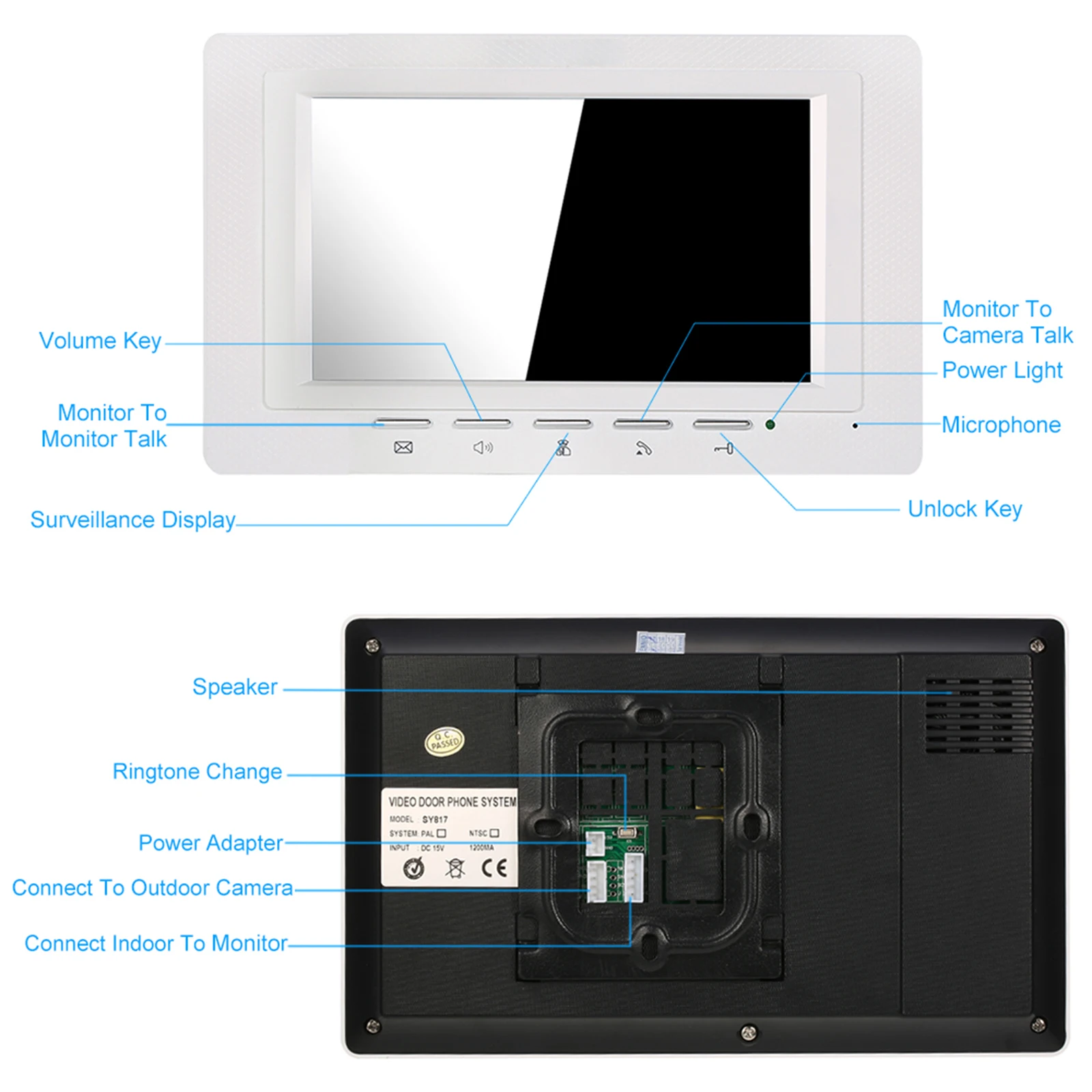 Sonnette vidéo filaire de 7 pouces, moniteur d'intérieur avec caméra extérieure étanche à la pluie, interphone visuel, Audio bidirectionnel, visiophone