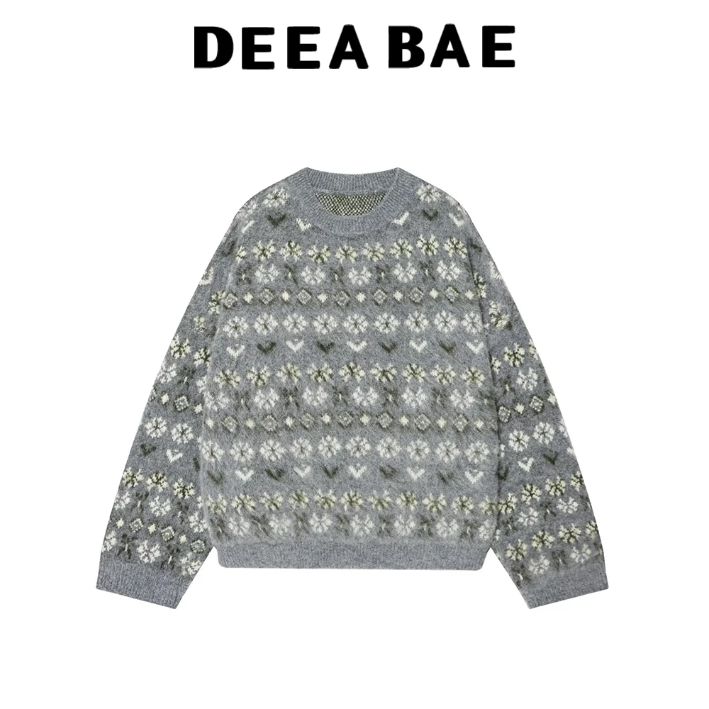 

DEEABAE 2025, новый зимний продукт, милый ленивый стиль, жаккардовый вязаный свитер с круглым вырезом и длинными рукавами с эффектом начеса, свитер