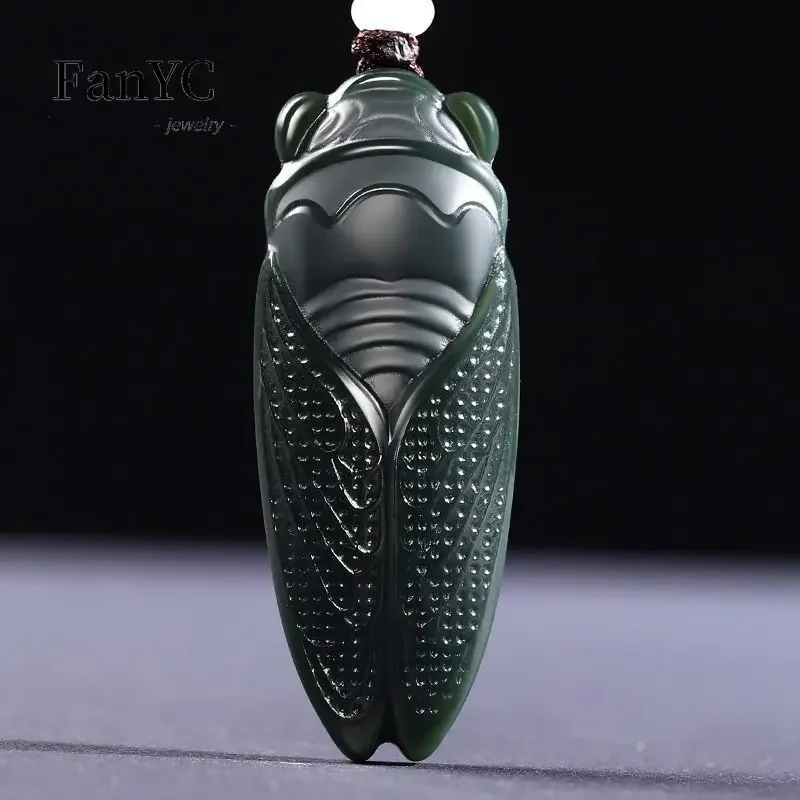 

Natural Hetian Jade Green Jade Cicada Pendant Hand-carved Exquisite Domineering Jadeite Necklace Men and Women Holiday Gift