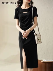 SENTUBILA Summer Black Tshirt Dresses for Women 2024 Fashion Ruched Slim Waist Split Cut Out Short Sleeve Split Dress 122L41813