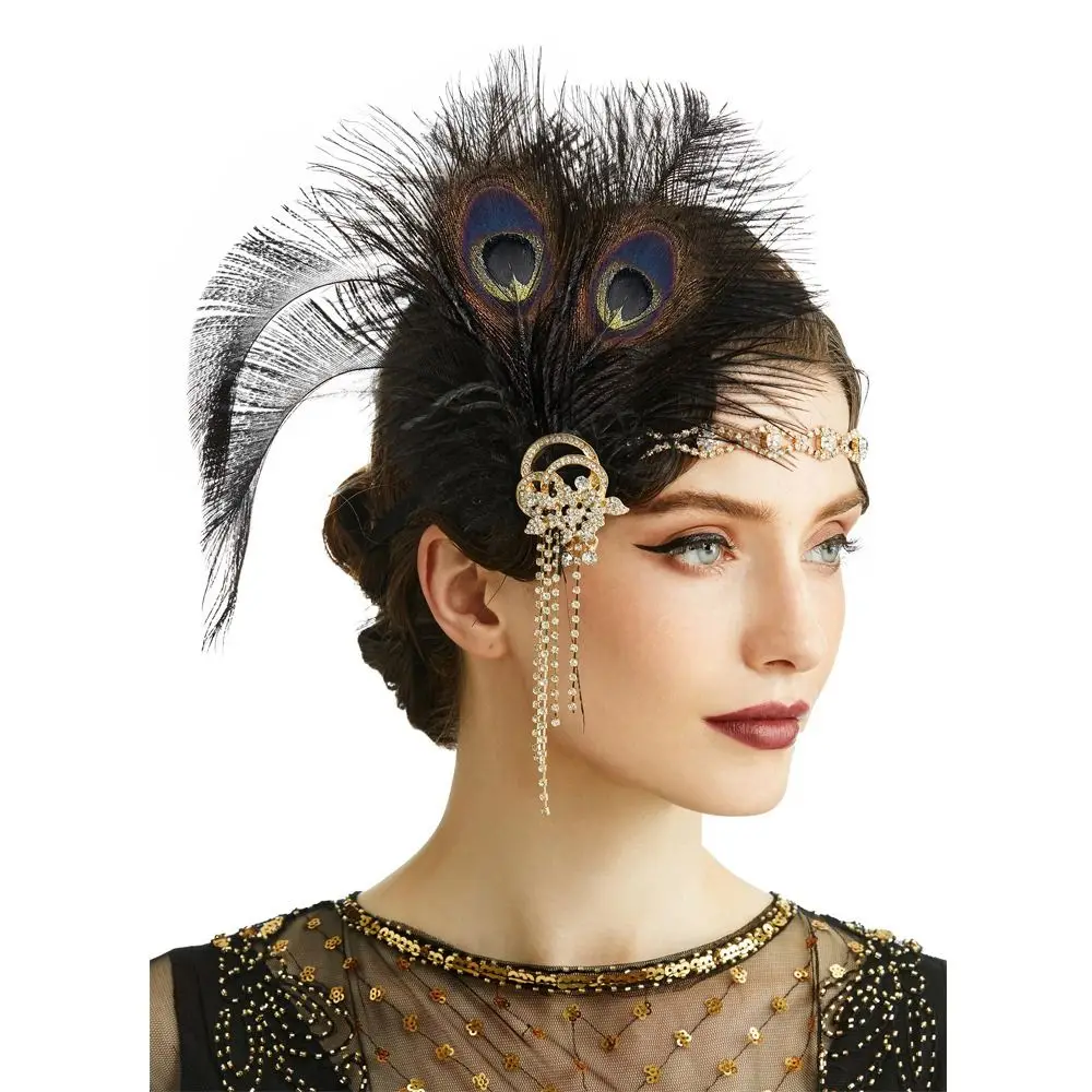 Retro Vintage Feather Headband Sequin Zircon Masquerade Hair Band Makeup Party Rhinestone Cosplay Dress Headwear Girls