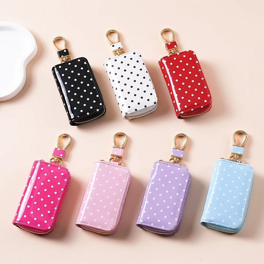 Durable Polka Dot Key Pouch Metal Clasp Pu Leather Zipper Key Protection Cover Water Resistant Compact Small Wallet Women