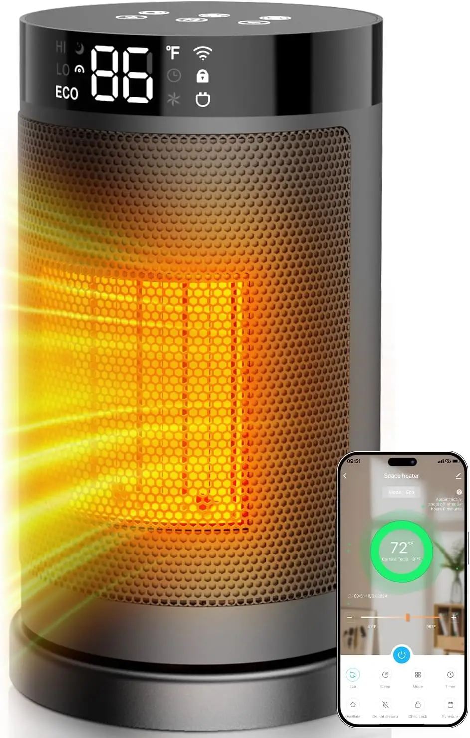

Умный Wi-Fi обогреватель с Alexa, 1500 Вт, PTC керамический, портативный, для помещений, с таймером, режимом ECO, безопасный