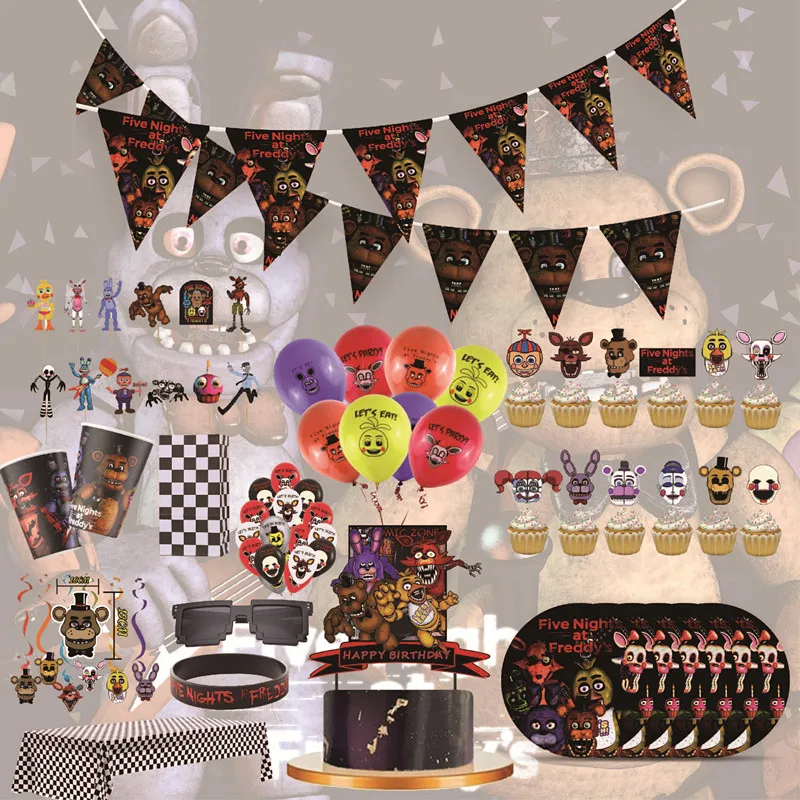 FNAF Geburtstagsparty-Dekorationen bei fünf Nächten, Luftballons, Einweggeschirr, Teller, Serviettenhintergrund für Kinder, Partyzubehör, Geschenk