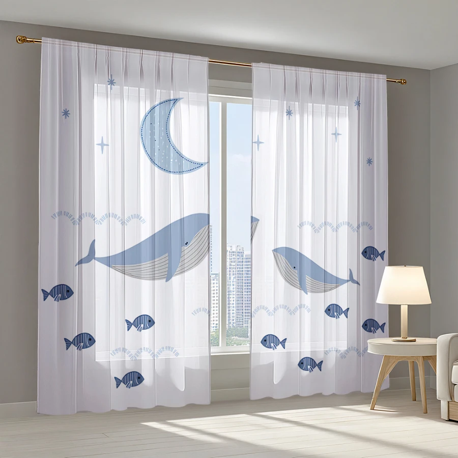 2PCS Digital Print Sheer Curtain, Blue Whale Star Moon, Vintage Floral Window Curtains for Living Room Bedroom Home Decor