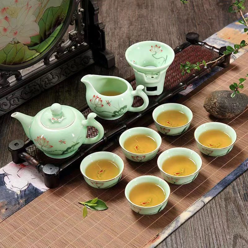 Traditional Longquan Chinese Kung Fu Teaware Set Handmade Celadon Teapot with Landscape Lotus Design Tea Cups Gift Set 9Pcs per