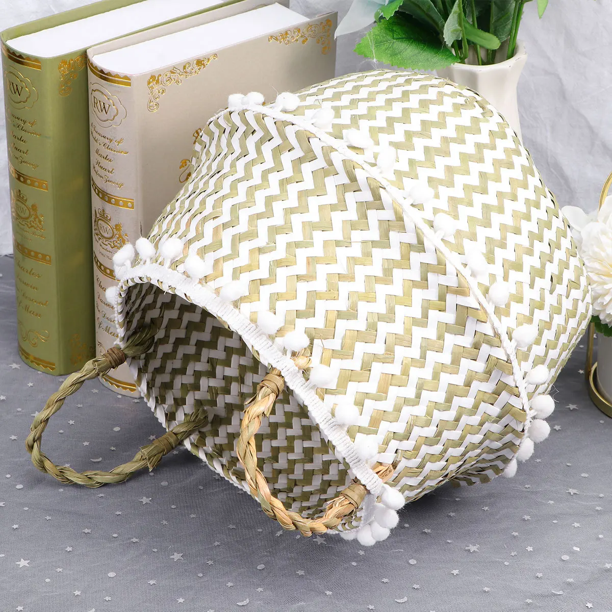 

Foldable Straw Laundry Storage Basket White Grid Size S Large Room Organizer for Clothes Books Magazines and Baby Products