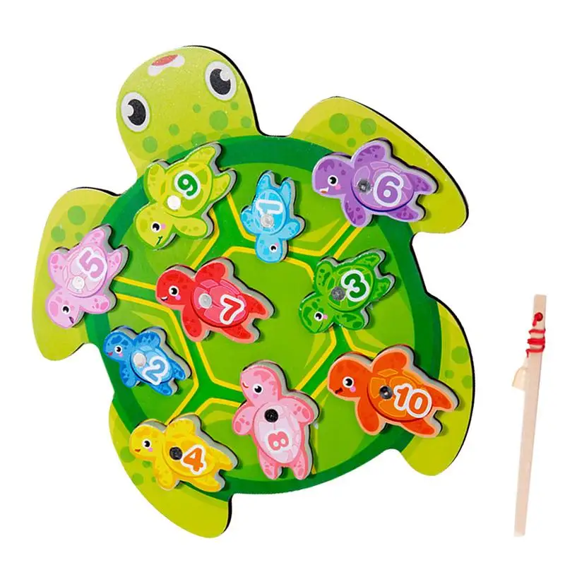 Wooden Fishing Game Toy Sensory Educational Learning Skills Toys Turtle Shape Fishing Game Color And Number Learning For Age 3-5