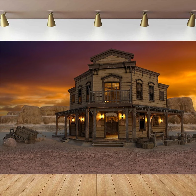 Night View Photography Backdrop Shabby Tavern Saloon Bar Western Town Old Wooden House Background Wild West Cowboy Party Decor