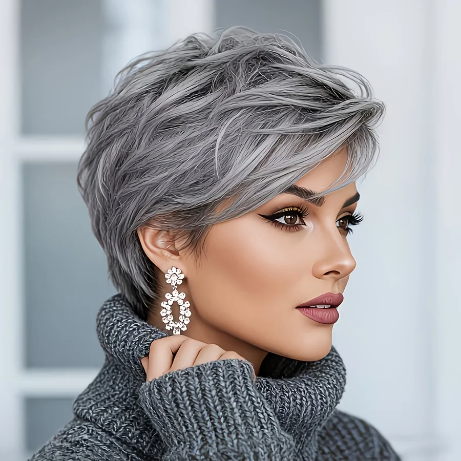 Natural Gray Short Bob Wig with Bangs - Synthetic Wig, Suitable for Daily Wear and Parties, Natural Gray Short Hairpiece image 5
