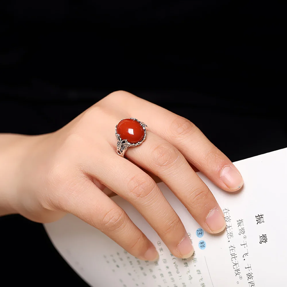 National Style Jewelry Inlaid with Nanhong Butterfly Ring, Retro and Old Jewelry, Open Ring, Index Finger Ring
